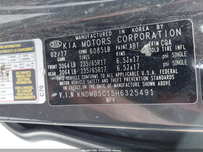 2017 Kia SEDONA VIN KNDMB5C15H6325491 IAAI salvage auction — REAR END, Parts Only Bos (Minnesota), sold $300 on 2026-07-29 (photo 9)