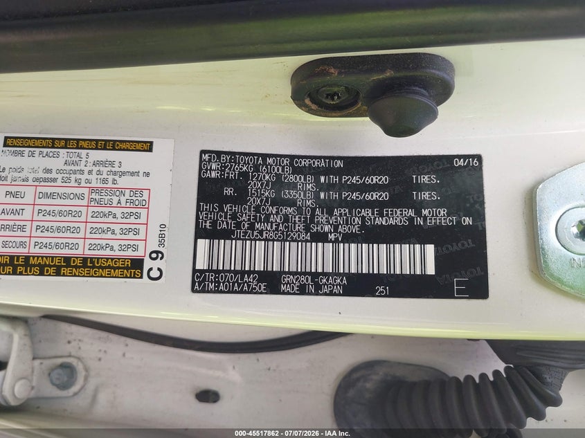 2016 Toyota 4runner VIN JTEZU5JR8G5129084 IAAI salvage auction — FRONT END, Salvage (Tennessee), sold $8,300 on 2026-07-31 (photo 9)