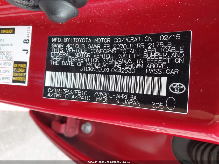 2015 Toyota Prius VIN JTDKN3DUXF0442530 IAAI salvage auction — FRONT END, Salvage Title, sold $25 on 2026-07-24 (photo 9)