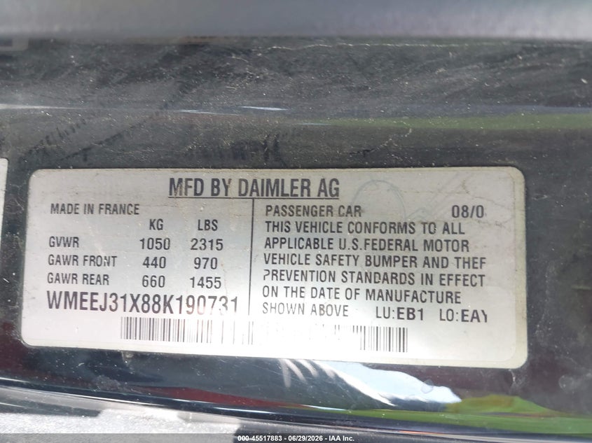 2008 Smart Fortwo VIN WMEEJ31X88K190731 IAAI salvage auction — RIGHT SIDE, Clear - Dealer Only (California), sold $225 on 2026-07-09 (photo 9)