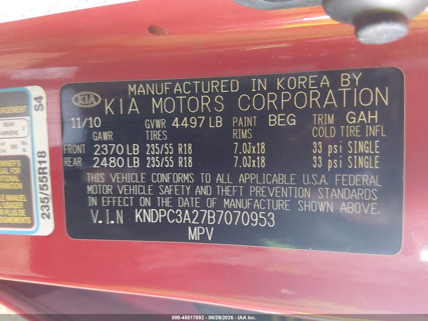 2011 Kia Sportage VIN KNDPC3A27B7070953 IAAI salvage auction — NORMAL WEAR, Clear-Dealer Only (Arizona), sold $1,250 on 2026-07-21 (photo 9)