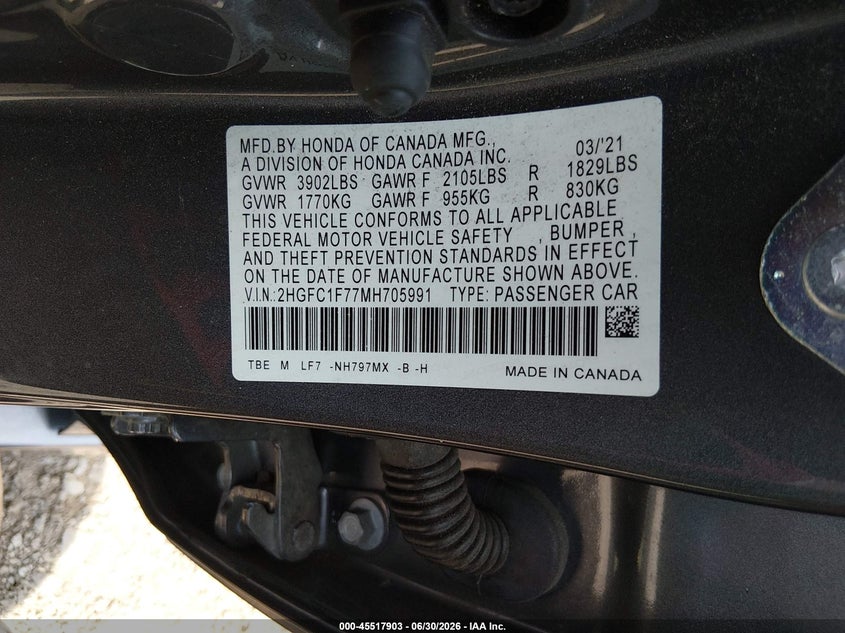 2021 Honda Civic VIN 2HGFC1F77MH705991 IAAI salvage auction — LEFT FRONT, Salvage Title, sold $5,050 on 2026-07-17 (photo 9)