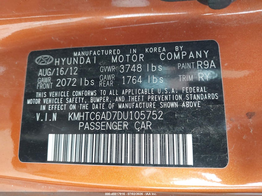 2013 Hyundai Veloster VIN KMHTC6AD7DU105752 IAAI salvage auction — FRONT END, Regular Certificate (Iowa), sold $475 on 2026-07-21 (photo 9)