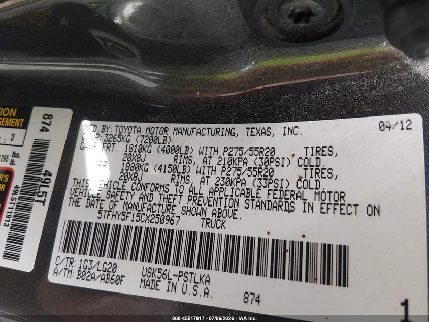 2012 Toyota Tundra VIN 5TFHY5F15CX250967 IAAI salvage auction — FRONT END, Salvage (Tennessee), sold $5,800 on 2026-07-16 (photo 9)