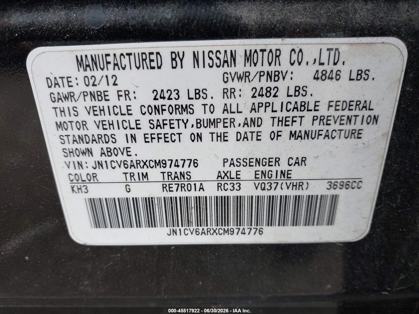 2012 Infiniti G37 VIN JN1CV6ARXCM974776 IAAI salvage auction — NORMAL WEAR, Clear-Dealer Only (Oregon), sold $750 on 2026-07-29 (photo 9)
