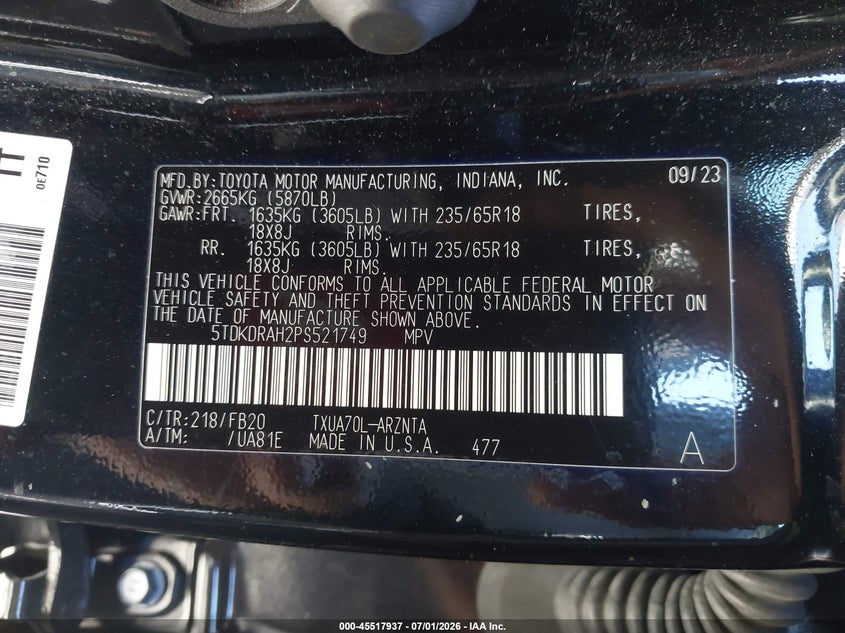 2023 Toyota Highlander VIN 5TDKDRAH2PS521749 IAAI salvage auction — ROLLOVER, Salvage Title, sold $6,100 on 2026-08-01 (photo 9)