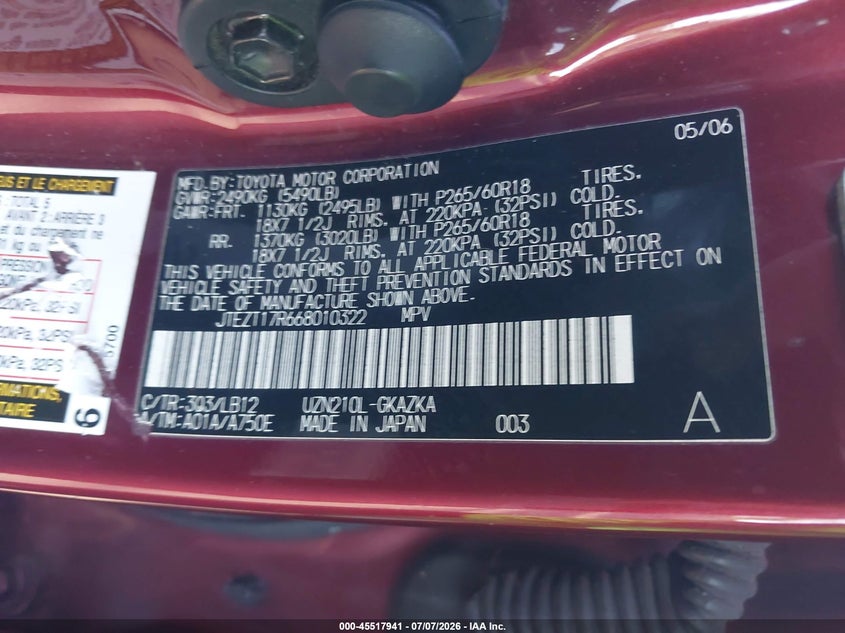 2006 Toyota 4runner VIN JTEZT17R668010322 IAAI salvage auction — FRONT END, Salvage Certificate (California), sold $2,800 on 2026-07-24 (photo 9)