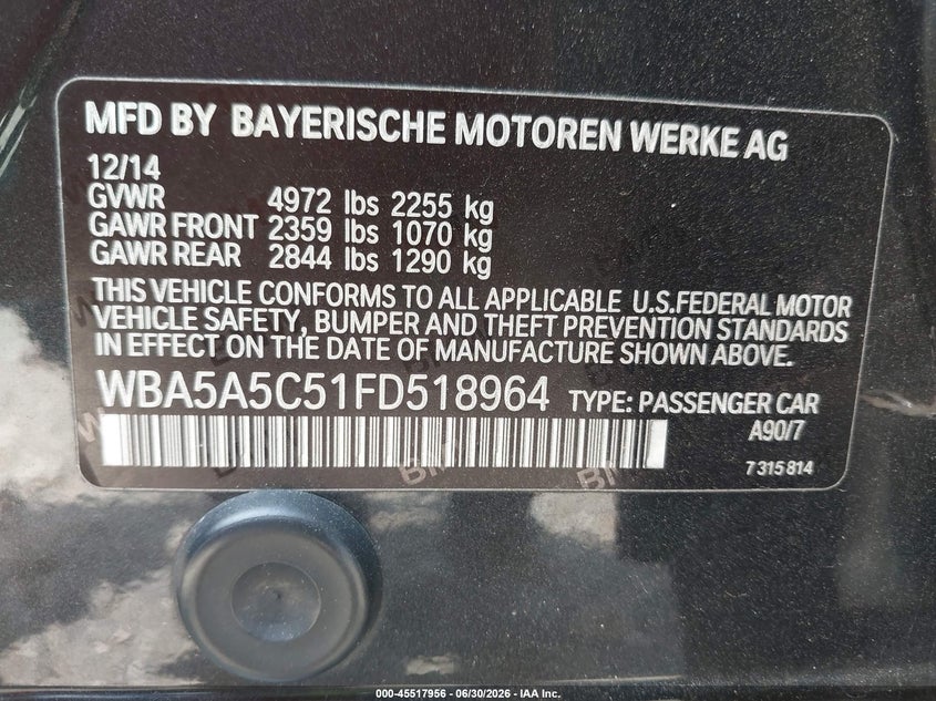 2015 BMW 5 series VIN WBA5A5C51FD518964 IAAI salvage auction — NORMAL WEAR, Clear (Alabama), sold $1,800 on 2026-07-22 (photo 9)