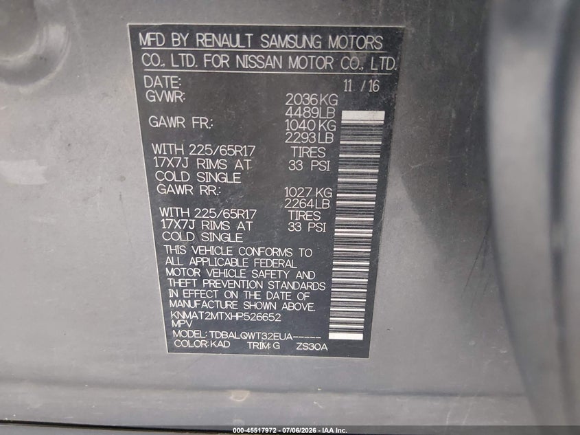 2017 Nissan Rogue VIN KNMAT2MTXHP526652 IAAI salvage auction — NORMAL WEAR, Repossession Paperwork (Georgia), sold $25 on 2026-07-29 (photo 9)