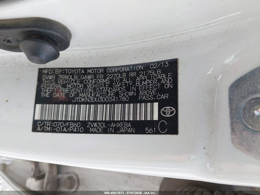2013 Toyota Prius VIN JTDKN3DU3D0341780 IAAI salvage auction — NORMAL WEAR, Clear (Missouri), sold $3,050 on 2026-07-13 (photo 9)