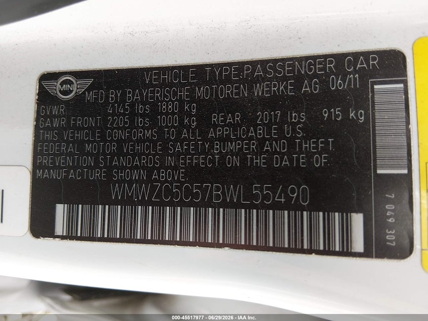 2011 Mini Cooper VIN WMWZC5C57BWL55490 IAAI salvage auction — NORMAL WEAR, Peddle Clear Public-Restricted (Oregon), sold $250 on 2026-07-29 (photo 9)