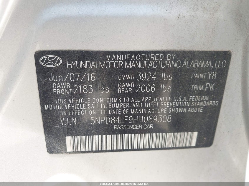 2017 Hyundai Elantra VIN 5NPD84LF9HH089308 IAAI salvage auction — REAR END, Salvage Title, sold $2,350 on 2026-07-25 (photo 9)