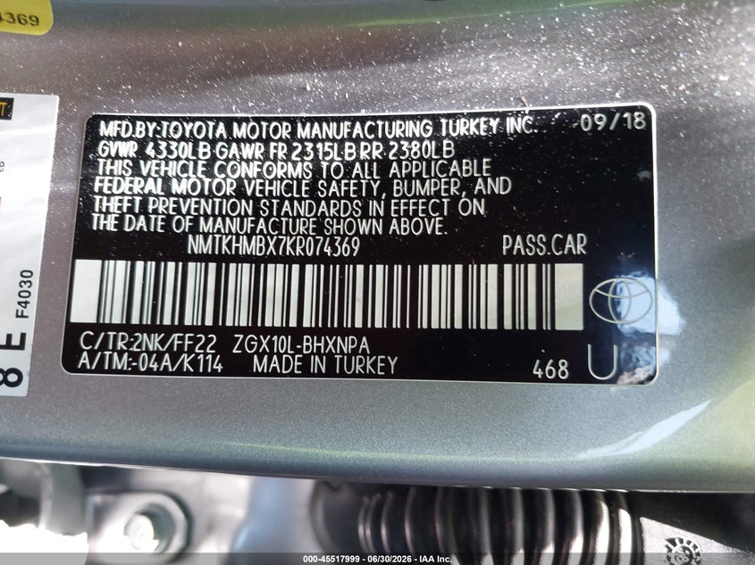 2019 Toyota C-hr VIN NMTKHMBX7KR074369 IAAI salvage auction — FRONT END, Salvage Title, sold $2,550 on 2026-07-23 (photo 9)