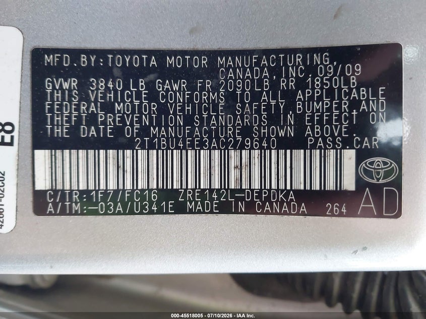 2010 Toyota Corolla VIN 2T1BU4EE3AC279640 IAAI salvage auction — NORMAL WEAR, Original (Ohio), sold $750 on 2026-07-18 (photo 9)