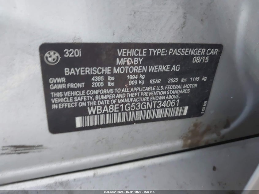 2016 BMW 3er VIN WBA8E1G53GNT34061 IAAI salvage auction — FRONT END, Salvage - Greater Than 75% (Maryland), sold $600 on 2026-07-23 (photo 9)
