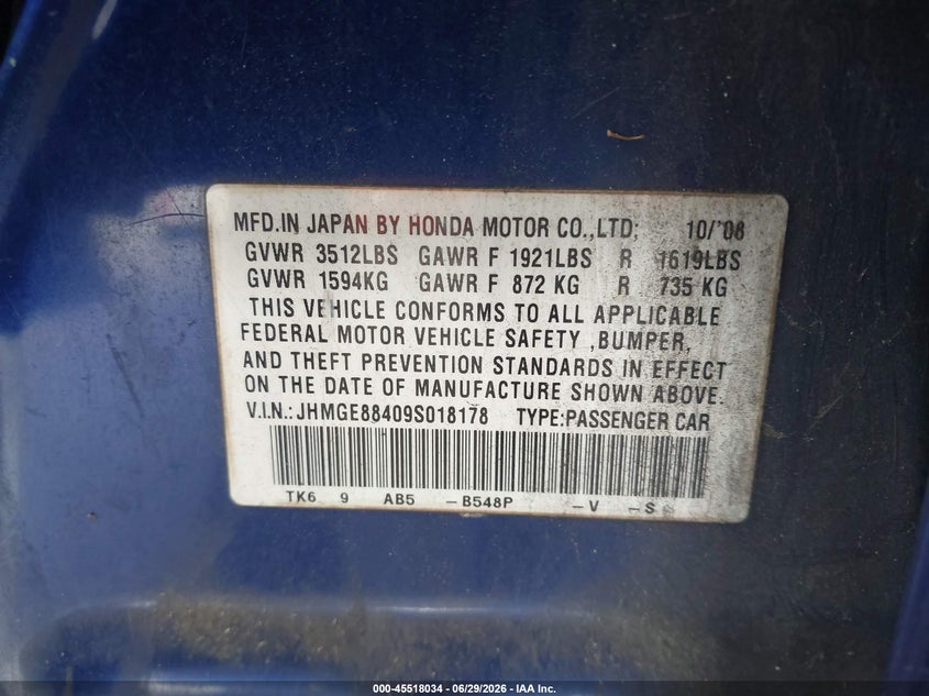 2009 Honda Fit VIN JHMGE88409S018178 IAAI salvage auction — NORMAL WEAR, Clear (Florida), sold $1,100 on 2026-07-15 (photo 9)
