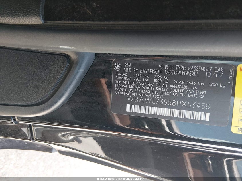 2008 BMW 3 series VIN WBAWL73558PX53458 IAAI salvage auction — NORMAL WEAR, Original (Texas), sold $875 on 2026-07-13 (photo 9)