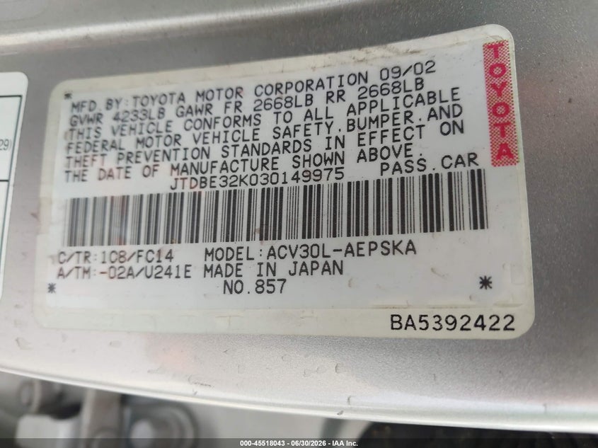 2003 Toyota Camry VIN JTDBE32K030149975 IAAI salvage auction — NORMAL WEAR, Clear - Dealer Only (California), sold $575 on 2026-07-07 (photo 9)