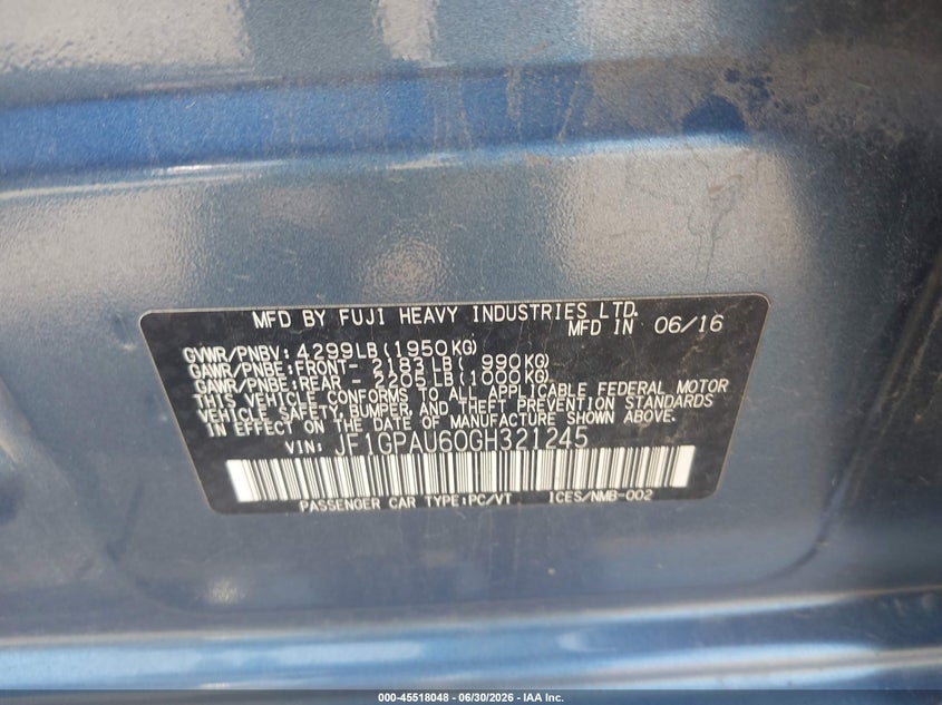 2016 Subaru Impreza VIN JF1GPAU60GH321245 IAAI salvage auction — SIDE, Salvage (Pennsylvania), sold $1,200 on 2026-07-31 (photo 9)