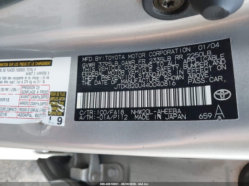 2004 Toyota Prius VIN JTDKB20U440040816 IAAI salvage auction — SIDE, Clear (North Carolina), sold $375 on 2026-07-30 (photo 9)