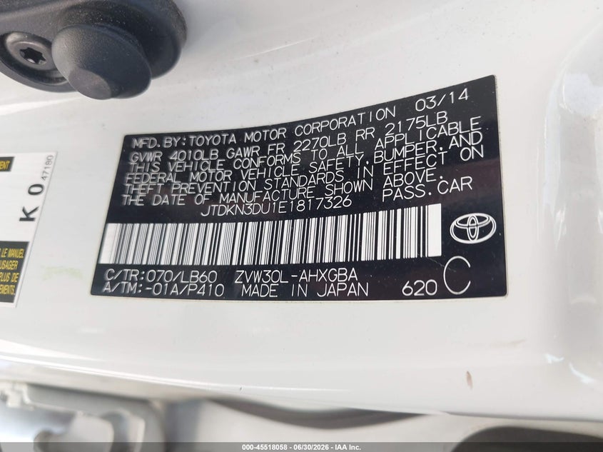 2014 Toyota Prius VIN JTDKN3DU1E1817326 IAAI salvage auction — FRONT END, Salvage Title, sold $1,400 on 2026-07-17 (photo 9)
