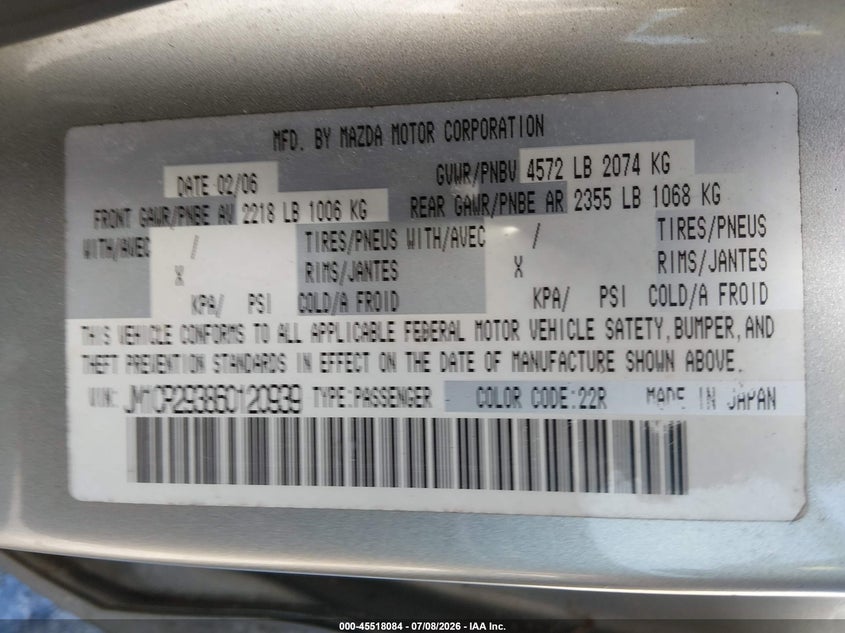 2006 Mazda 5 VIN JM1CR293860120939 IAAI salvage auction — NORMAL WEAR, Clear (Georgia), sold $250 on 2026-07-30 (photo 9)