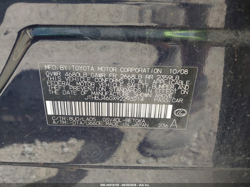 2009 Lexus Es 350 VIN JTHBJ46GX92293214 IAAI salvage auction — NORMAL WEAR, Clear (Tennessee), sold $400 on 2026-07-09 (photo 9)