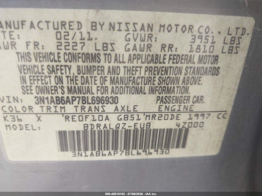 2011 Nissan Sentra VIN 3N1AB6AP7BL696930 IAAI salvage auction — NORMAL WEAR, Clear (Utah), sold $275 on 2026-07-09 (photo 9)
