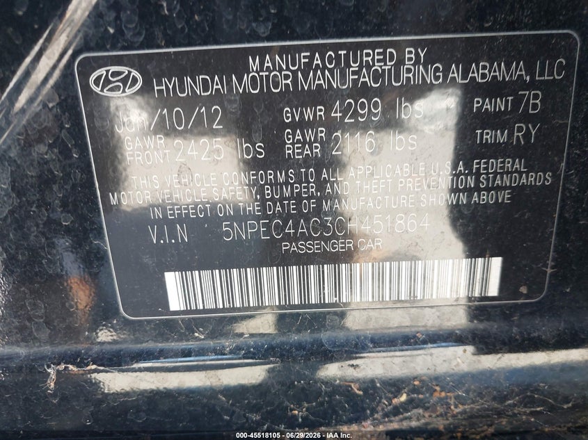 2012 Hyundai Sonata VIN 5NPEC4AC3CH451864 IAAI salvage auction — NORMAL WEAR, Salvage Title - Dealer (California), sold $625 on 2026-07-29 (photo 9)