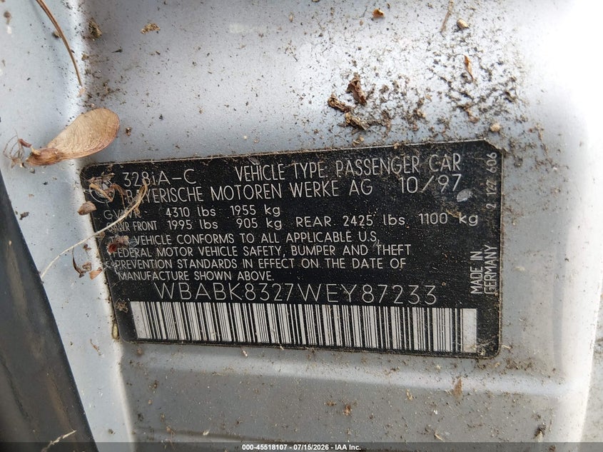 1998 BMW 3 series VIN WBABK8327WEY87233 IAAI salvage auction — NORMAL WEAR, Clear (New Jersey), sold $1,250 on 2026-07-23 (photo 9)