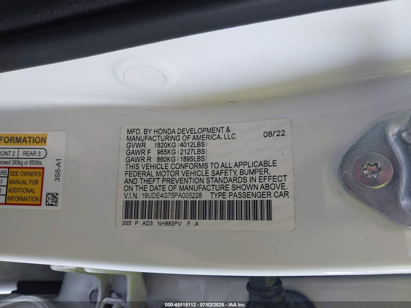 2023 Acura Integra VIN 19UDE4G75PA005228 IAAI salvage auction — RIGHT FRONT, Salvage Title, sold $9,450 on 2026-08-27 (photo 9)