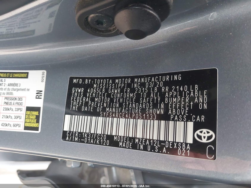 2020 Toyota Corolla VIN 5YFS4RCE4LP051133 IAAI salvage auction — SIDE, Salvage (California), sold $3,950 on 2026-07-22 (photo 9)