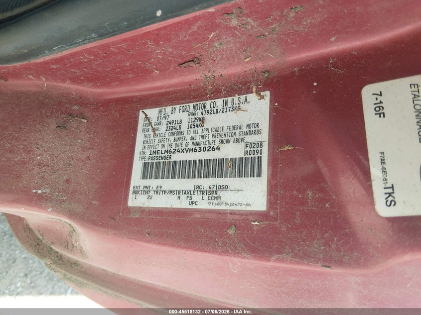 1997 Mercury Cougar VIN 1MELM624XVH630264 IAAI salvage auction — MECHANICAL, Clear (Oklahoma), sold $100 on 2026-07-29 (photo 9)