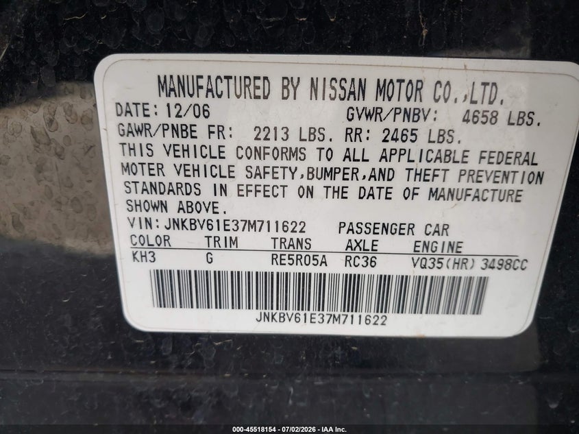 2007 Infiniti G35 VIN JNKBV61E37M711622 IAAI salvage auction — NORMAL WEAR, Original (Texas), sold $600 on 2026-07-15 (photo 9)