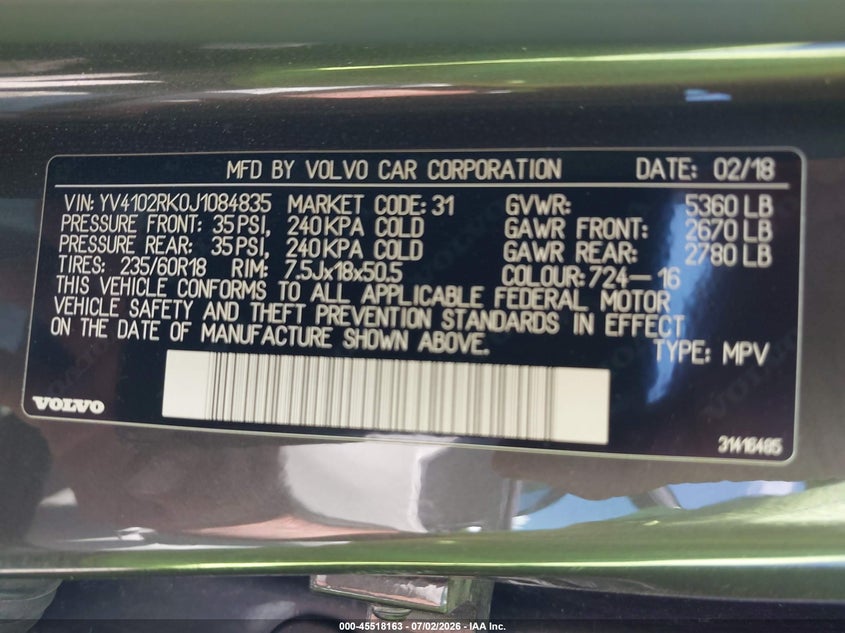 2018 Volvo Xc60 VIN YV4102RK0J1084835 IAAI salvage auction — FRONT END, Salvage (Montana), sold $4,300 on 2026-08-09 (photo 9)