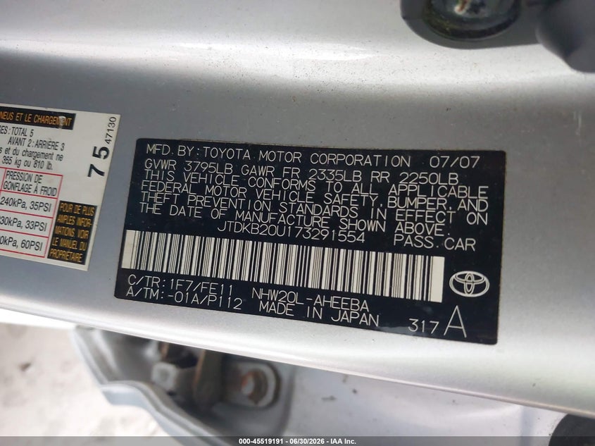 2007 Toyota Prius VIN JTDKB20U173291554 IAAI salvage auction — NORMAL WEAR, Clear (Illinois), sold $625 on 2026-07-20 (photo 9)
