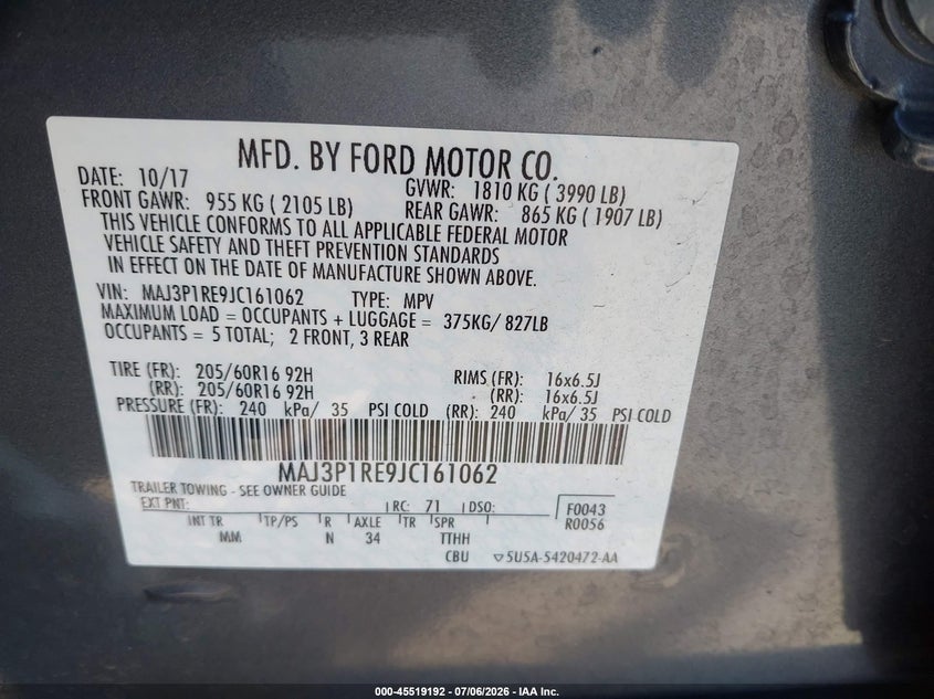 2018 Ford Ecosport VIN MAJ3P1RE9JC161062 IAAI salvage auction — LEFT SIDE, Salvage Title, sold $1,050 on 2026-07-15 (photo 9)
