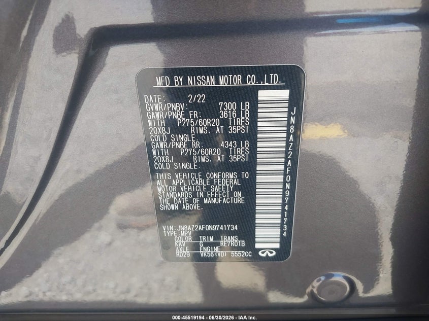 2022 Infiniti Qx80 VIN JN8AZ2AF0N9741734 IAAI salvage auction — SIDE, Salvage Title, sold $8,600 on 2026-07-29 (photo 9)