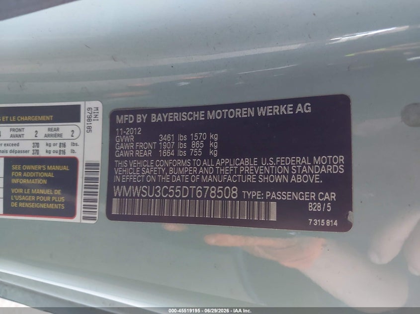 2013 Mini Hard top VIN WMWSU3C55DT678508 IAAI salvage auction — LEFT FRONT, Salvage (California), sold $550 on 2026-07-30 (photo 9)