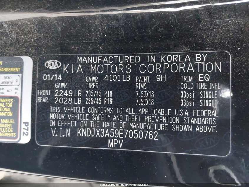 2014 Kia Soul VIN KNDJX3A59E7050762 IAAI salvage auction — LEFT FRONT, Salvage Title, sold $375 on 2026-07-24 (photo 9)