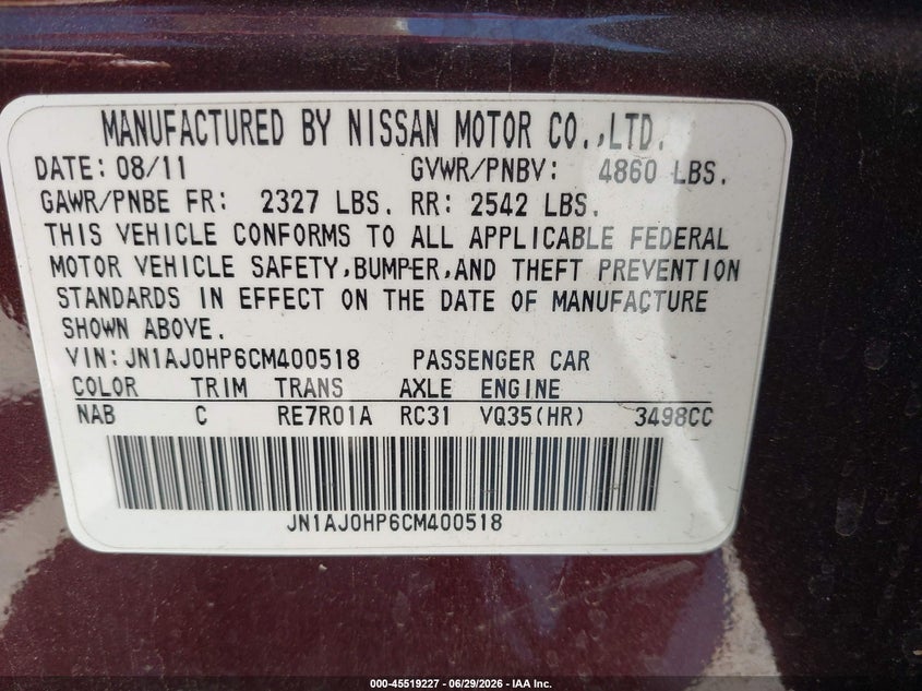 2012 Infiniti Ex VIN JN1AJ0HP6CM400518 IAAI salvage auction — NORMAL WEAR, Clear (California), sold $650 on 2026-07-30 (photo 9)