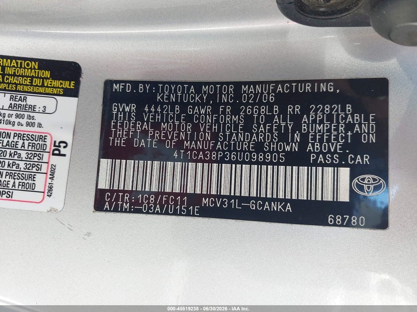 2006 Toyota Camry VIN 4T1CA38P36U098905 IAAI salvage auction — NORMAL WEAR, Clear - Dealer Only (California), sold $700 on 2026-07-09 (photo 9)