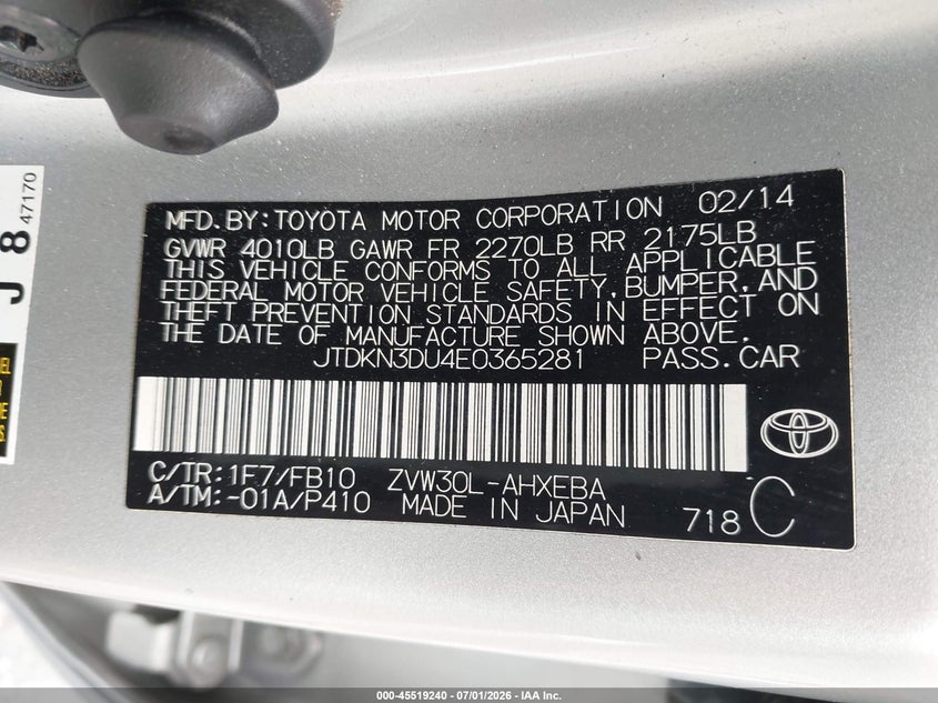 2014 Toyota Prius VIN JTDKN3DU4E0365281 IAAI salvage auction — FRONT END, Salvage (California), sold $3,000 on 2026-07-16 (photo 9)