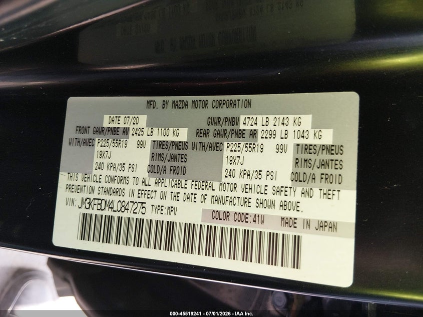 2020 Mazda Cx-5 VIN JM3KFBDM4L0847275 IAAI salvage auction — FRONT END, Salvage (Ohio), sold $5,200 on 2026-07-28 (photo 9)