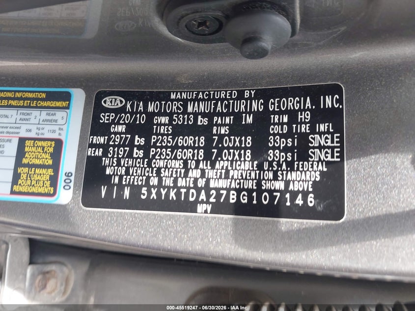 2011 Kia Sorento VIN 5XYKTDA27BG107146 IAAI salvage auction — FRONT & REAR, Salvage (Pennsylvania), sold $1,250 on 2026-08-02 (photo 9)