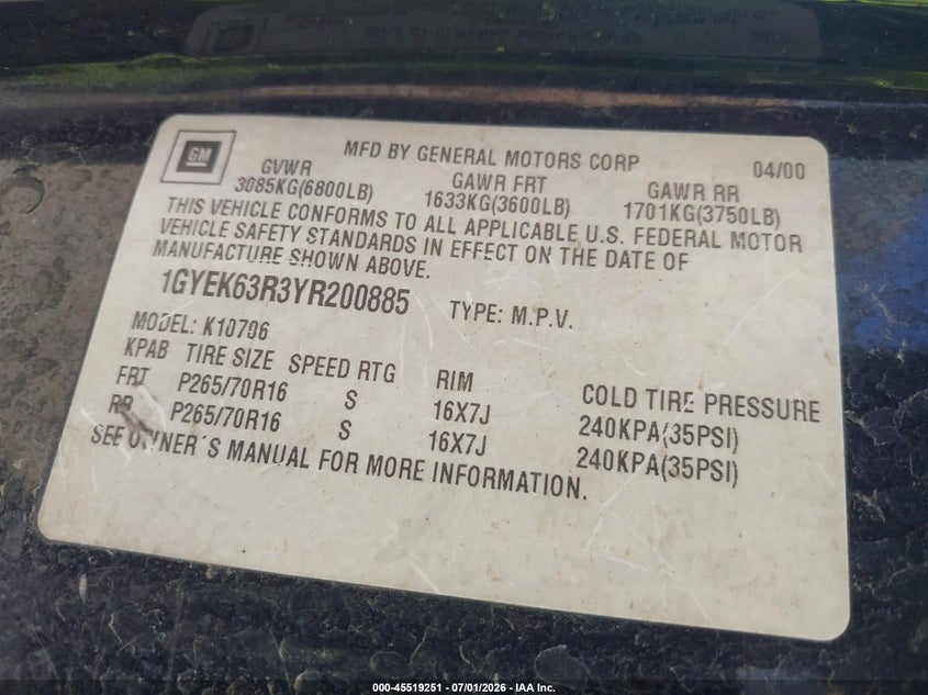2000 Cadillac Escalade VIN 1GYEK63R3YR200885 IAAI salvage auction — NORMAL WEAR, Regular (Nevada), sold $100 on 2026-07-24 (photo 9)