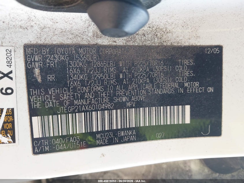 2006 Toyota Highlander VIN JTEGP21AX60104982 IAAI salvage auction — NORMAL WEAR, Clear (Georgia), sold $825 on 2026-07-10 (photo 9)
