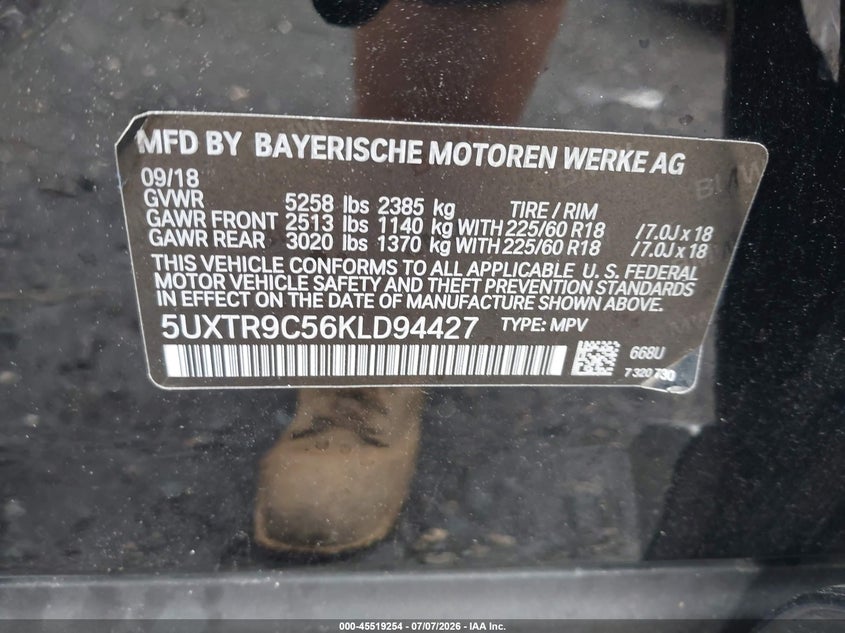 2019 BMW X3 VIN 5UXTR9C56KLD94427 IAAI salvage auction — WATER/FLOOD, Mv-907A (New York), sold $7,000 on 2026-07-17 (photo 9)