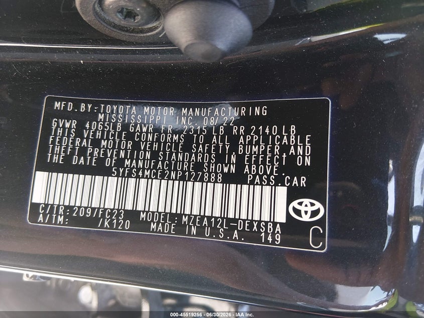 2022 Toyota Corolla VIN 5YFS4MCE2NP127888 IAAI salvage auction — FRONT END, Salvage Title, sold $4,050 on 2026-08-02 (photo 9)