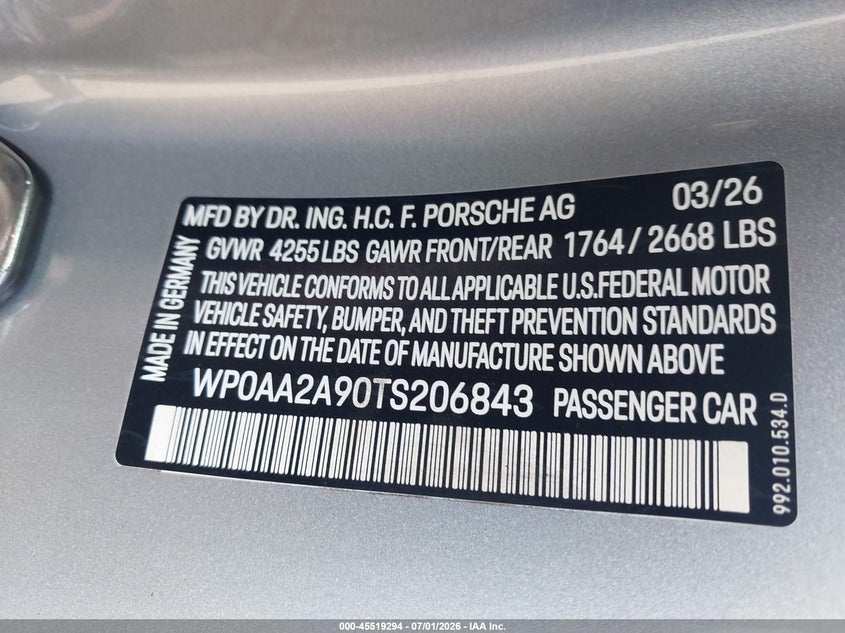 2026 Porsche 911 VIN WP0AA2A90TS206843 IAAI salvage auction — FRONT END, Salvage (Pennsylvania), sold $46,250 on 2026-08-24 (photo 9)